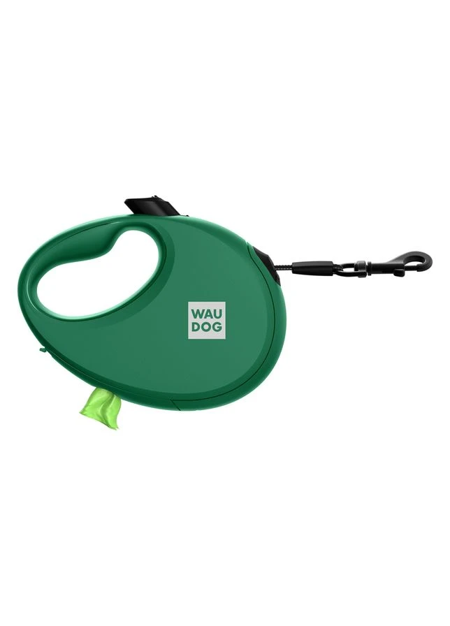 Поводок-рулетка для собак R-leash с контейнером для пакетов, светоотражающая лента, M, до 20 кг, 5 м, зеленый WAUDOG (331068473)