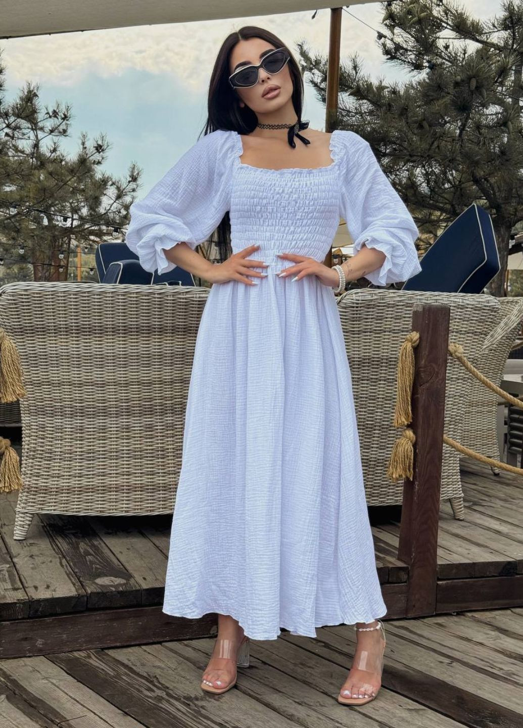 Білий повсякденний вишукана легка літня максі сукня з довгими рукавами ліхтарик Tik-Tak однотонна