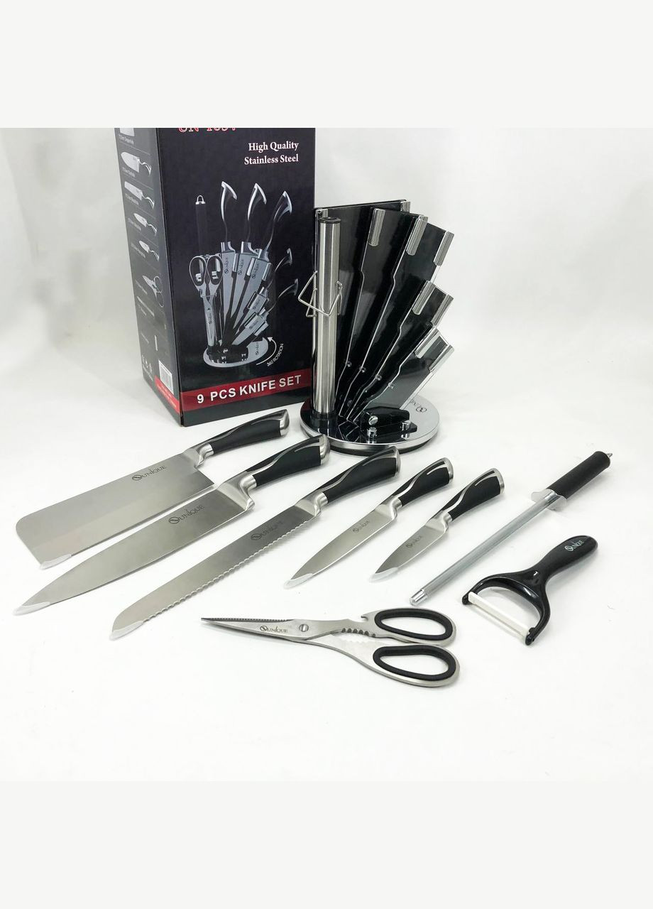 Набор ножей UN-1834 с вращающейся подставкой 9 предметов, Ножи кухонные из нержавеющей стали Unique (364663843)