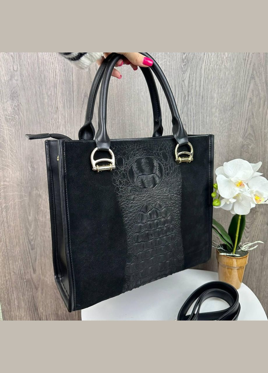 Замшевая женская сумка с тиснением черная рептилия. Сумочка из натуральной замши No Brand (334730880)