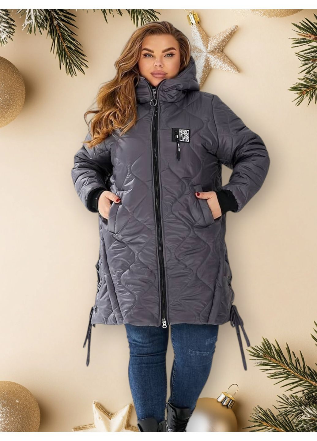 Графітова зимня зимова жіноча куртка великого розміру у кольорі графіт, подовжена, з капюшоном Boni Куртка