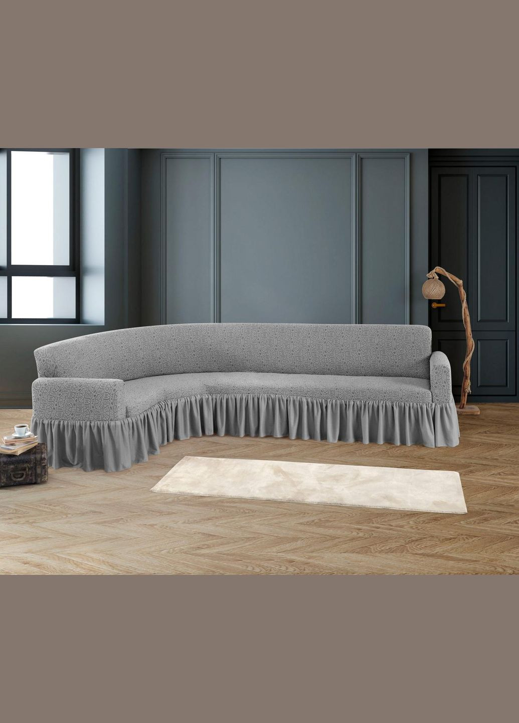 Жаккардовый чехол на угловой диван Stone с юбкой светло-серый Kayra (318387635)