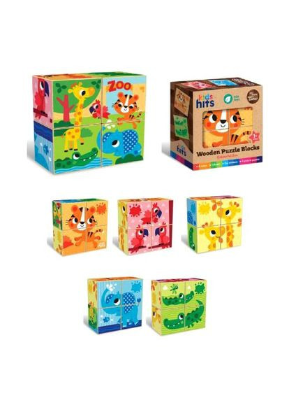 Деревянные кубики Colourful Zoo Kids 4 шт. для детей от 1 года. ProDobro (367098112)