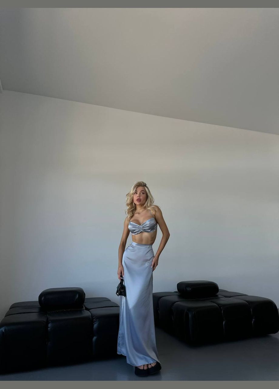 Приятный к телу серый шёлковый костюм двойка (топ+юбка-макси), красивый качественный костюм на вечер No Brand 207-2 (295461841)