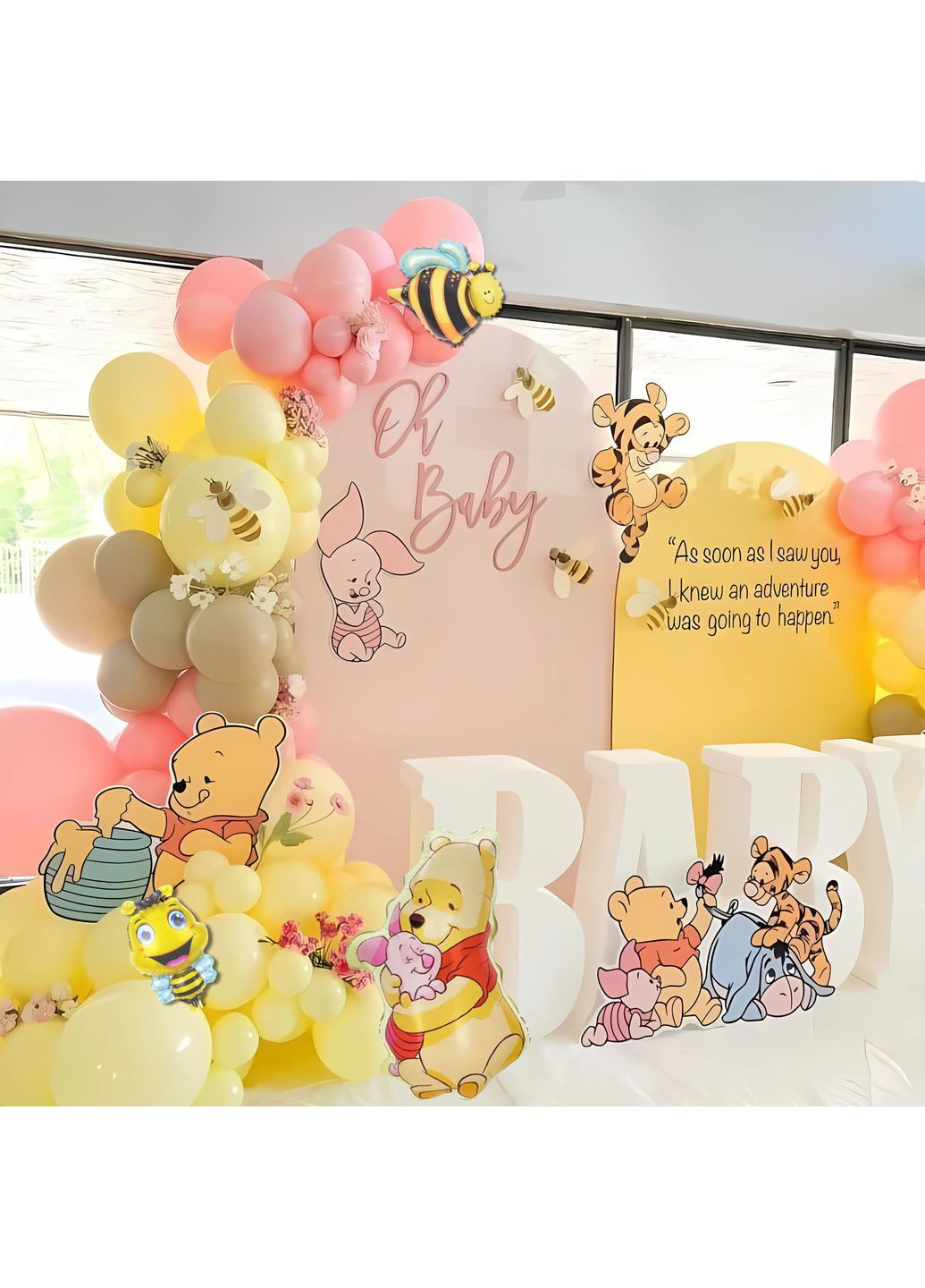 Набір 85 куль для фотозони Затишне свято у стилі Вінні Пуха з гігантом Макарун жовтий і рожевий No Brand (361866529)