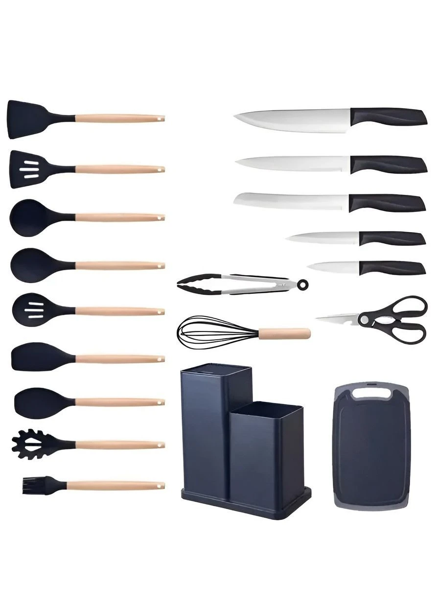 Набір кухонного приладдя 12377/МК Kitchen Set 19 предметів з дошкою та підставкою, Чорний No Brand 12377/МК (395634591)