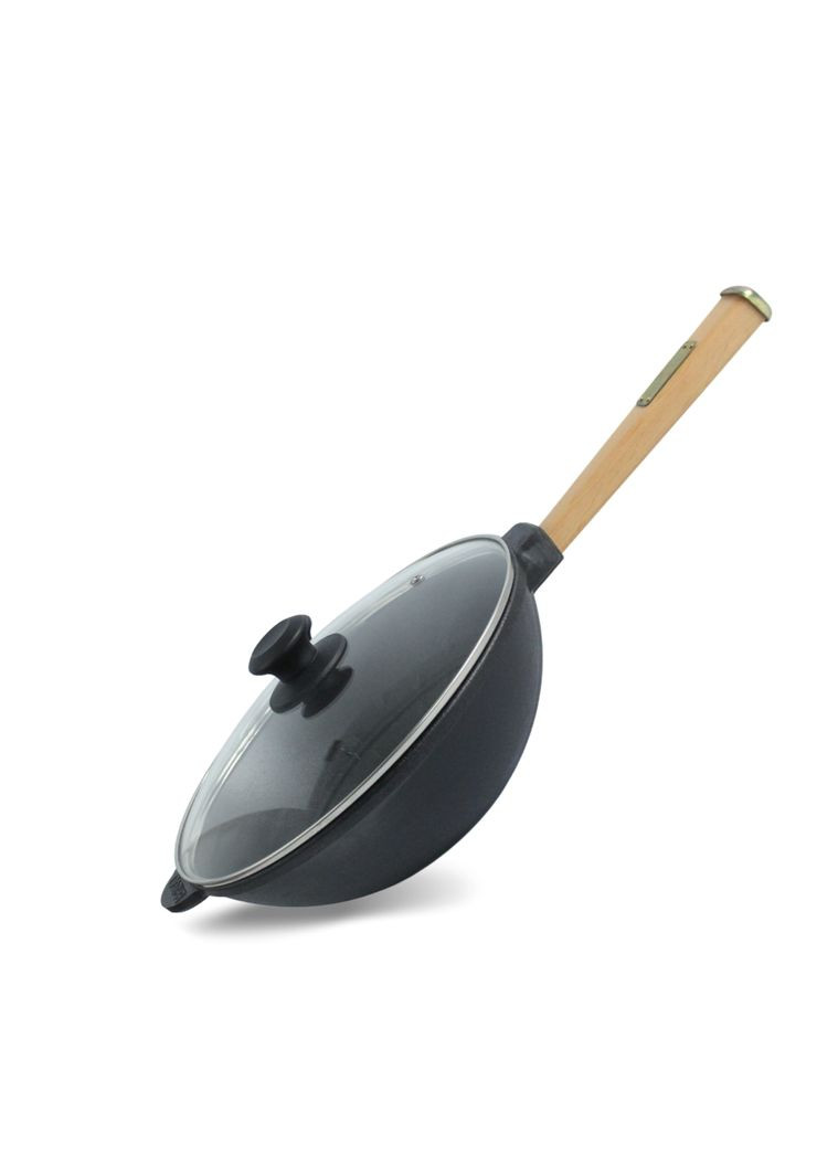 Чугунная сковорода с деревянной ручкой и стеклянной крышкой WOK 2,8 л. Brizoll (360397512)