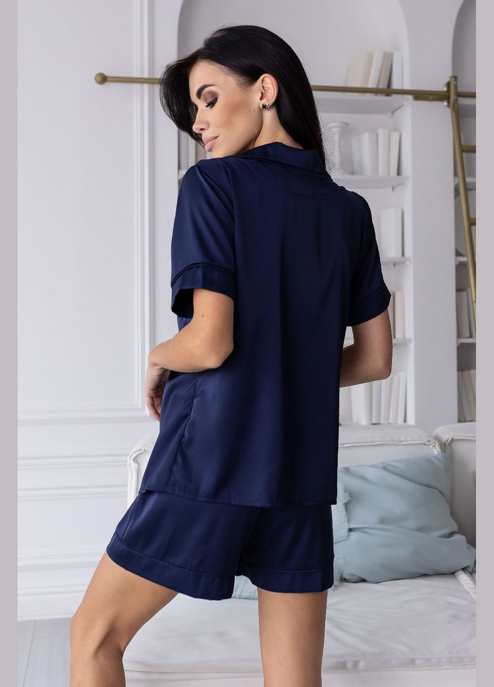 Комбінована всесезон шовкова піжама на гудзиках з кантом пс1350 синій MiaNaGreen