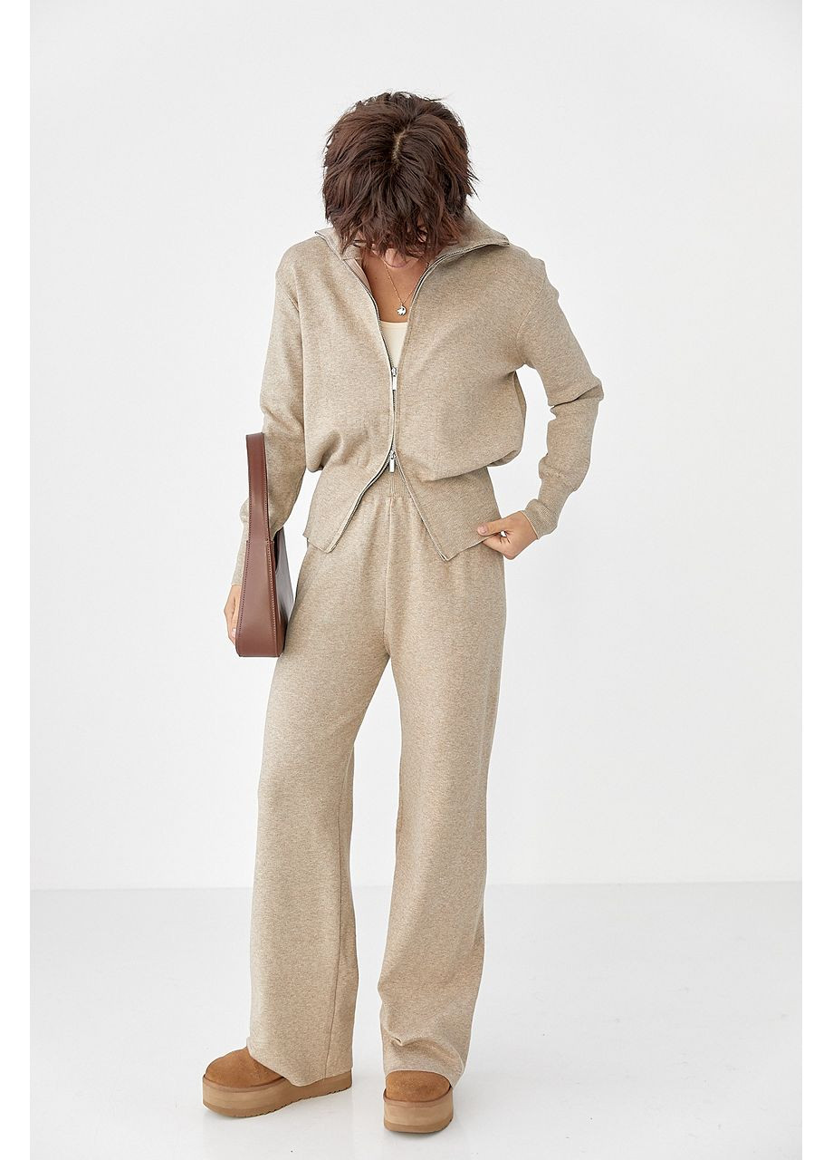 Трикотажный костюм с коротким кардиганом на молнии и широкими брюками Lurex (365629439)