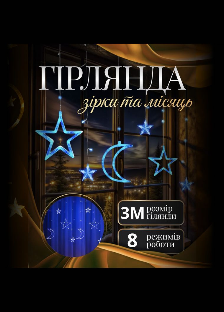 Гірлянда-штора Місяць і зірки розмір 3*0,9 м 12 фігур, синій GarlandoPro (328441076)