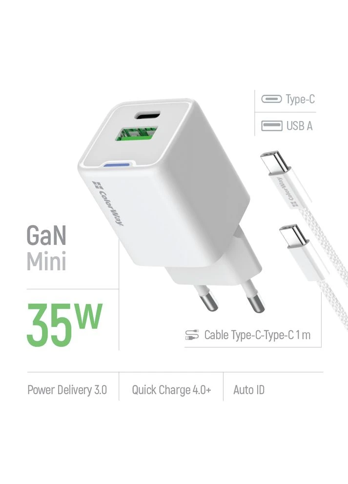 Мережевий зарядний пристрій GaN Mini 35W PD Port PPS USB (Type-C PD + USB QC4.0) White (CW-CHS055PDC-WT) + кабель USB Type-C Colorway (336959593)