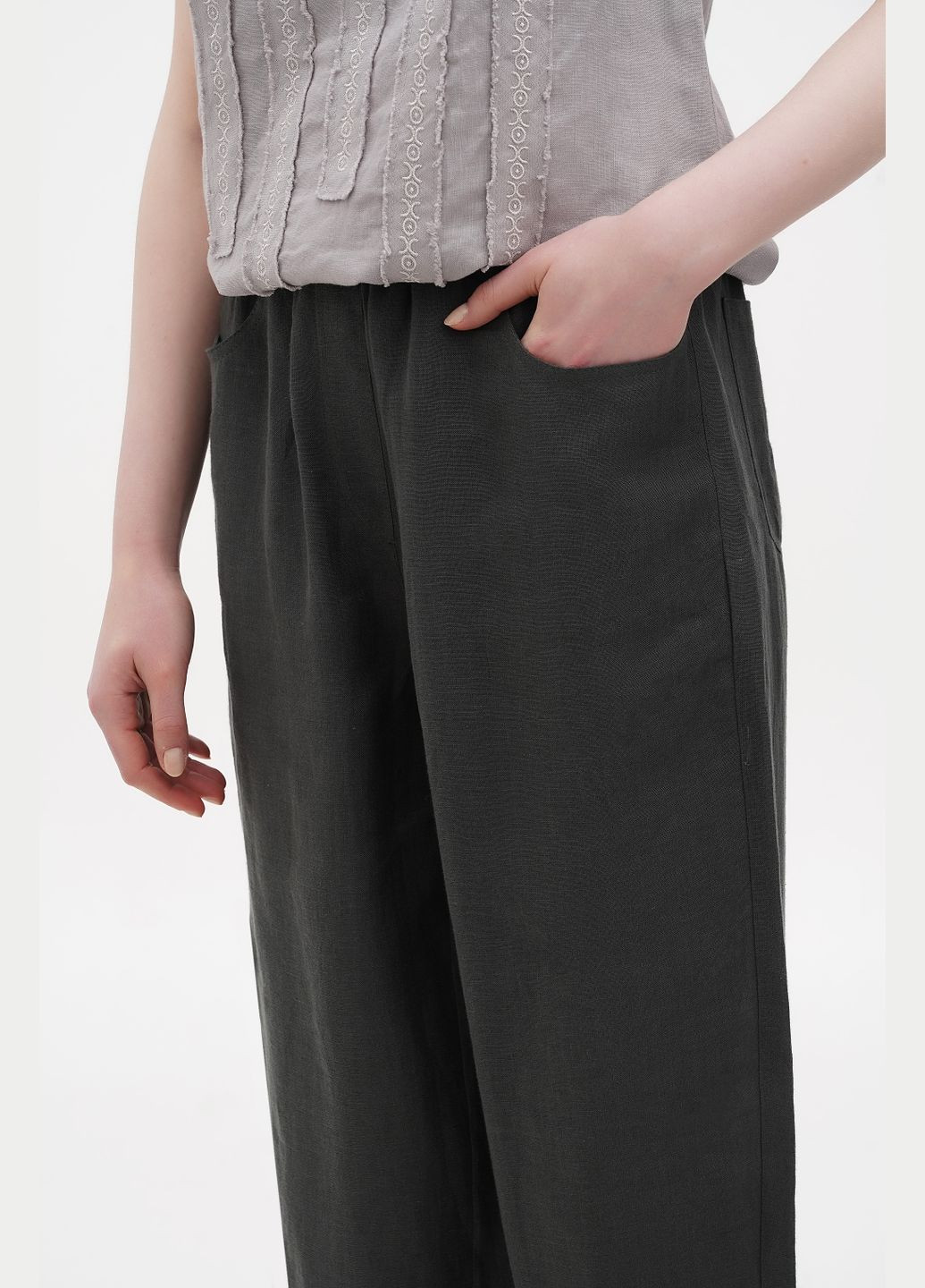 Свободные широкие льняные брюки с высокой посадкой на резинке и карманами Канары. Бежевый, р.44, код 8310/44/107 ГАЛЕРЕЯ ЛЬОНУ (333164545)