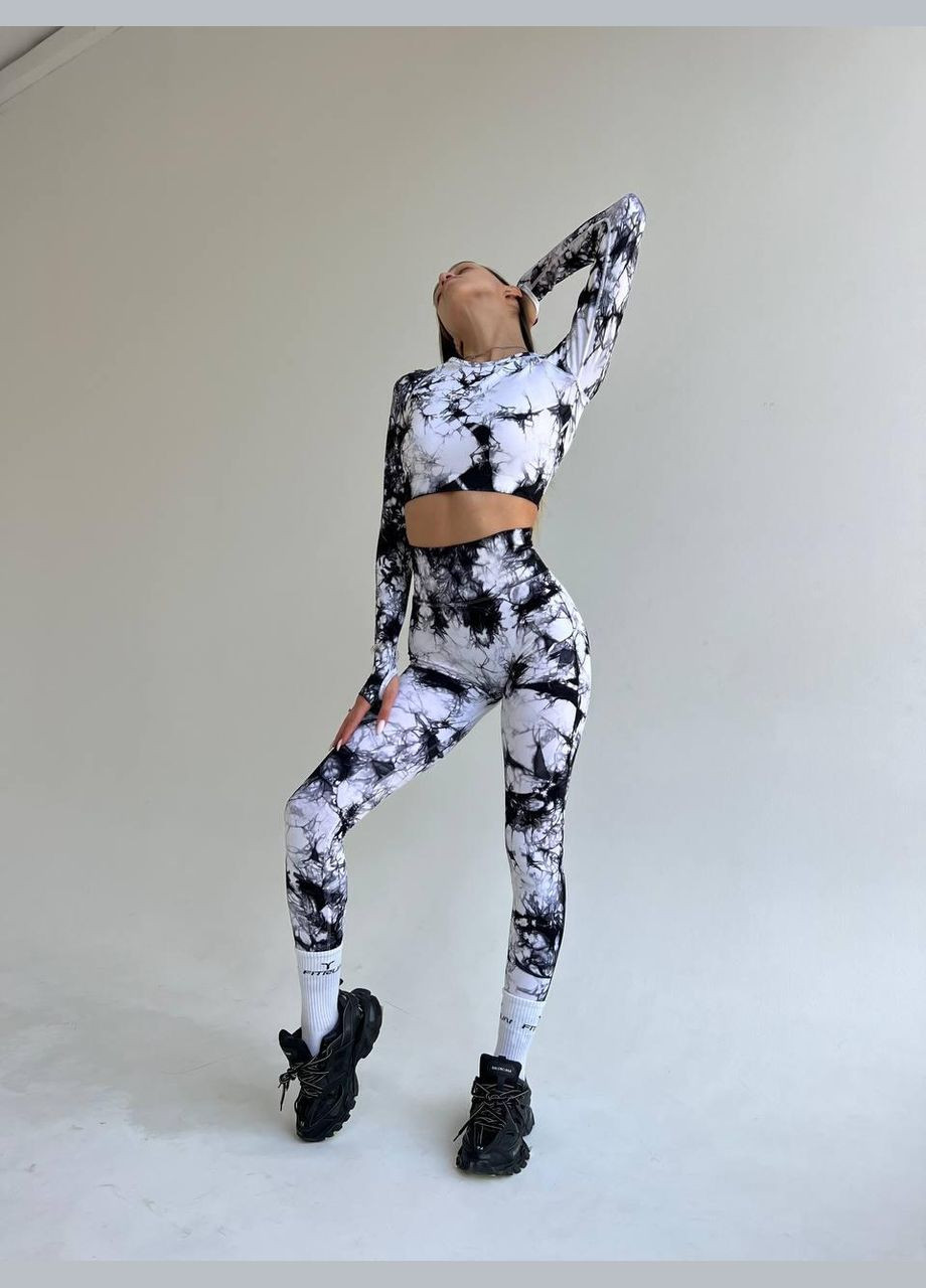 Спортивний костюм з мармуровим принтом (рашгард та легінси) чорно-білого кольору, розмір S Trends (330756798)