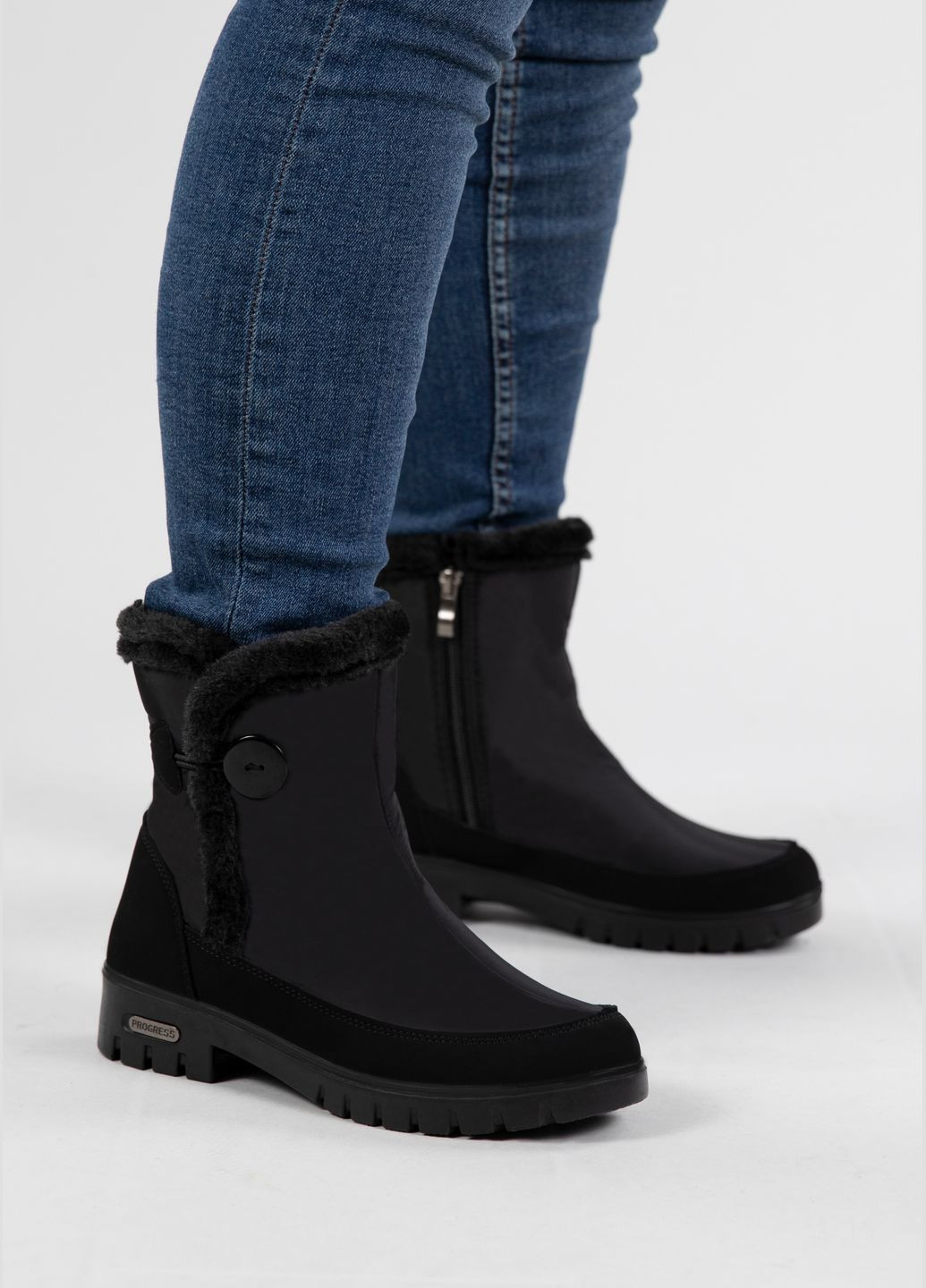 Черные дутики женские с каблуком зимние черные (3412) Progress на молнии с пуговицами