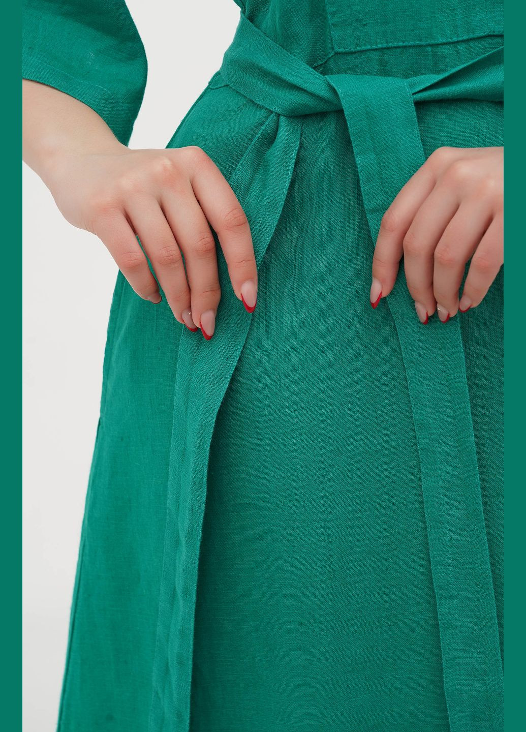 Зелена лляна довга сукня бохо з трикутним вирізом та рукавом кімоно під пояс ронда., р., код 0311/52/1788 ГАЛЕРЕЯ ЛЬОНУ