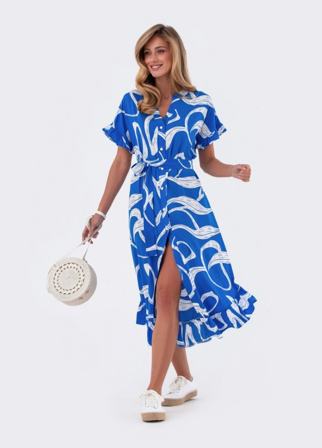 Голубое платье-рубашка из штапеля с принтом голубое Dressa