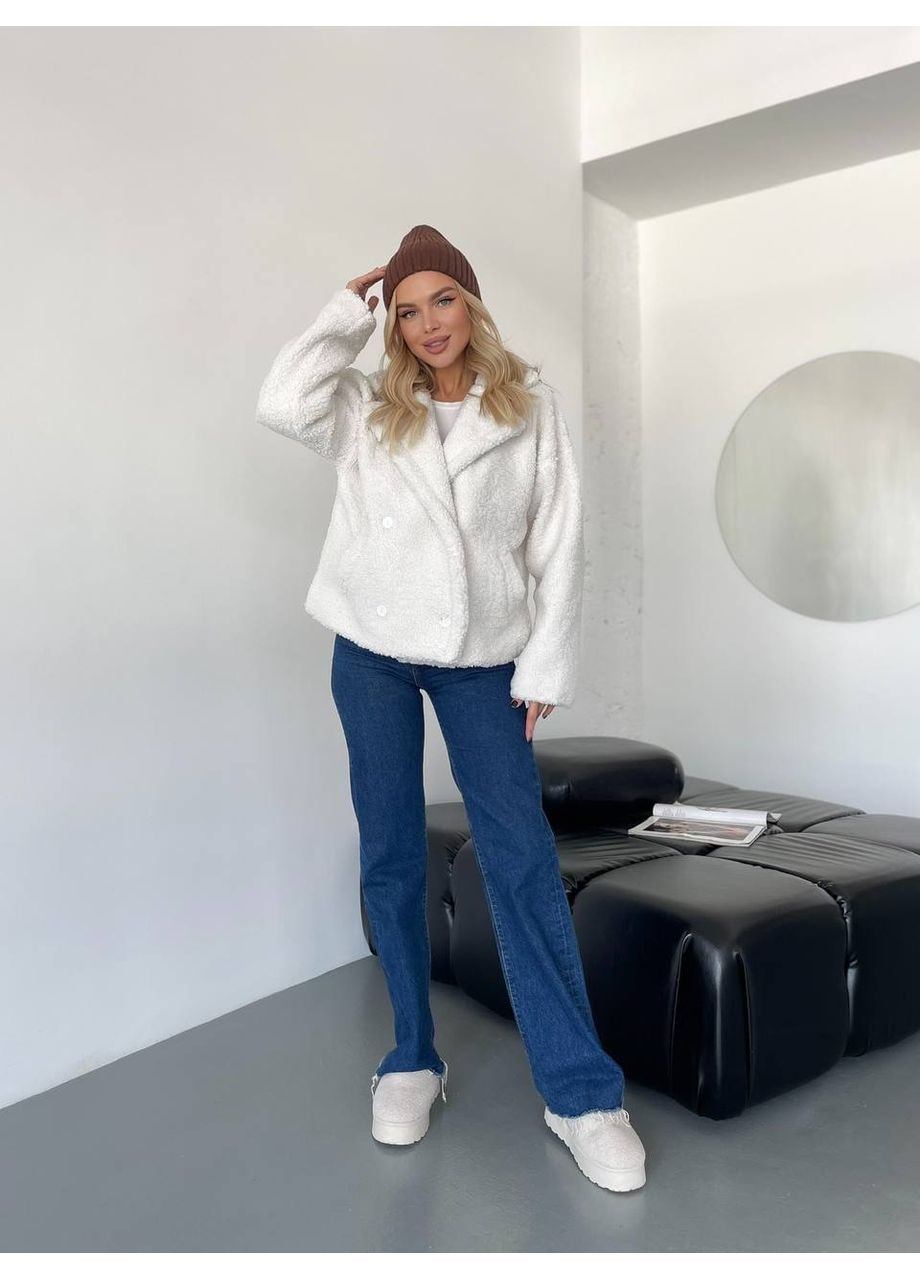 Молочная зимняя женская короткая шуба-куртка из букле молочного цвета 35404 Fashion