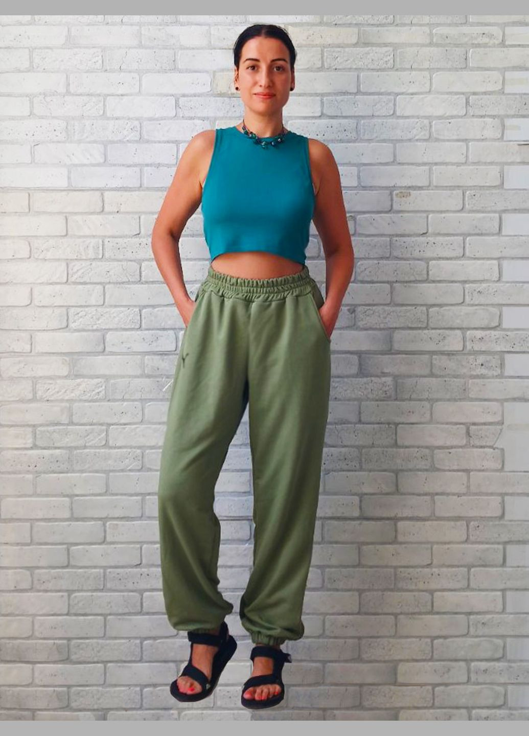 Штани джогери жіночі оверсайз великого розміру накат пума, батал (колір олива), тринитка петля, дуже гарної якості No Brand (315338907)