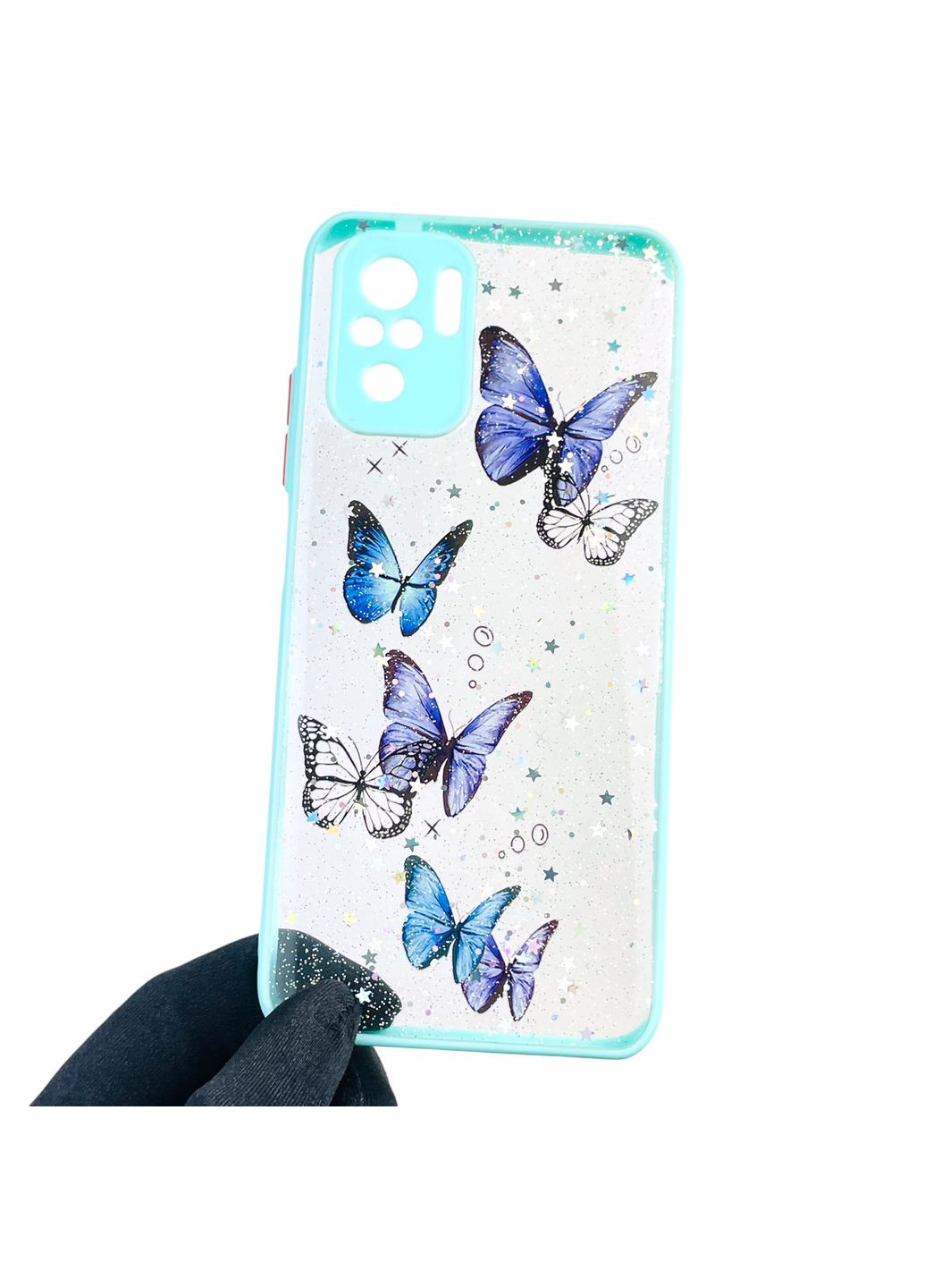 Чохол для Redmi Note 10S з блискітками з метеликами на сяомі редмі нот 10с бірюзовий Xiaomi (366389882)