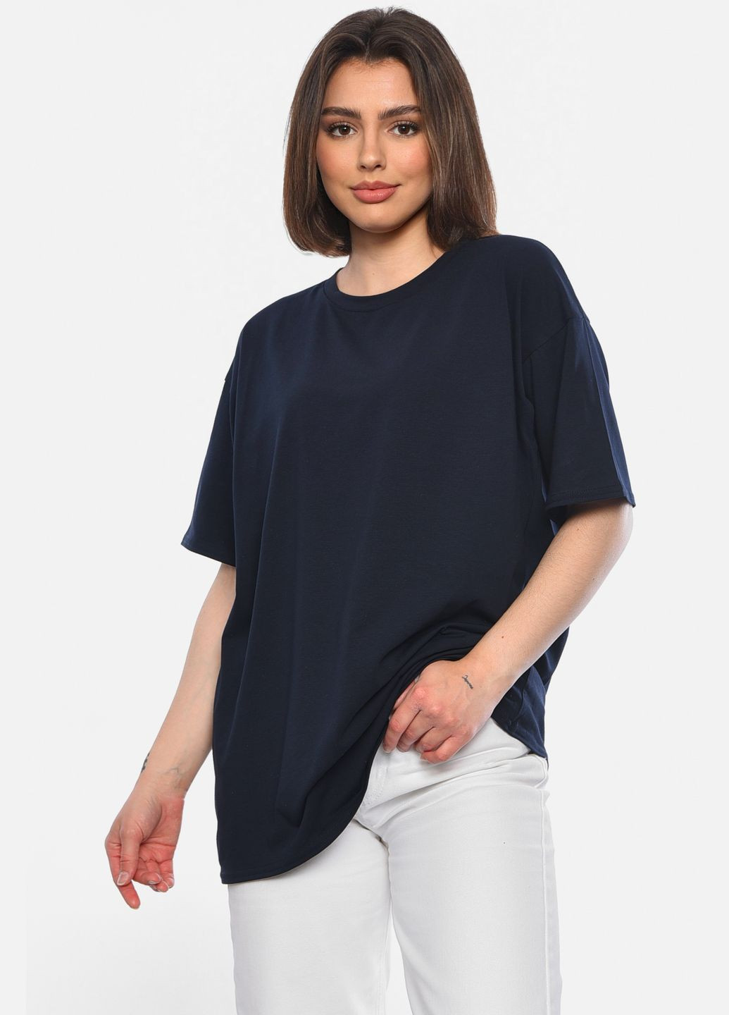 Темно-синяя летняя футболка женская полубатальная темно-синего цвета Let's Shop
