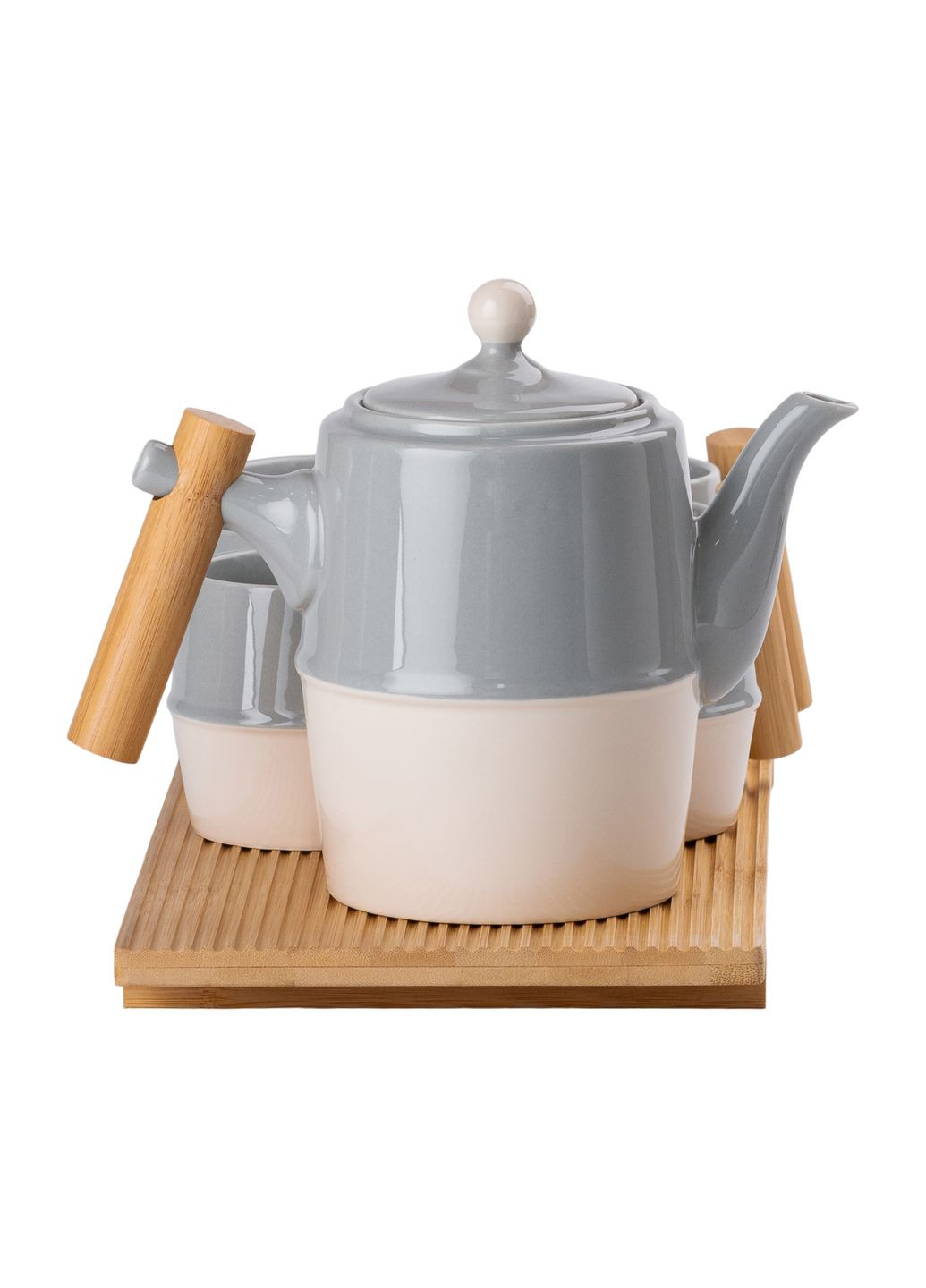 Чайный сервиз керамический на бамбуковой подставке 8 предметов, серый с белым Yiwu HP-15-22 No Brand (352527744)