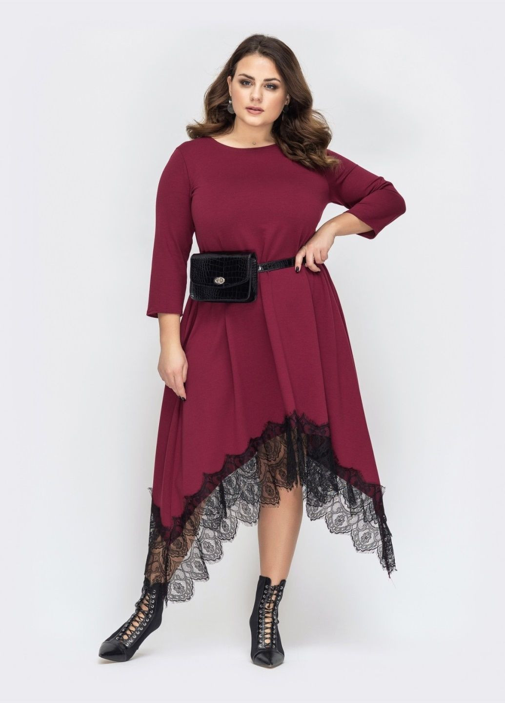 Бордова вечірня бордове сукня батал з гіпюром і асиметричним низом силуетна Dressa