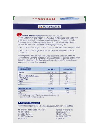 Чай з бузиною для імунітету з вітаміном С та цинком Heißgetränk, Heißer Holunder (20 Sticks), 100 g Mivolis (366569419)