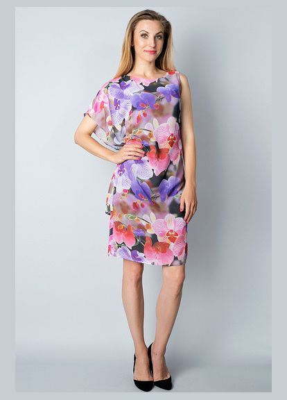 Комбинированное вечернее шифоновое коктейльное миниплатье на 1 плечо 2 Льва