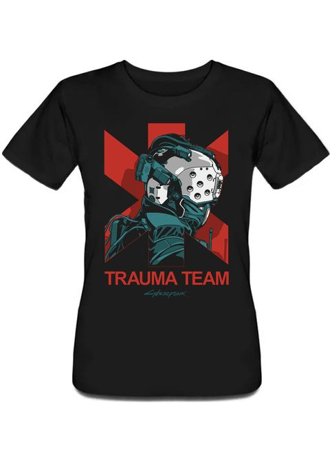 Белая летняя женская футболка cyberpunk 2077 -trauma team (чёрная) Fat Cat
