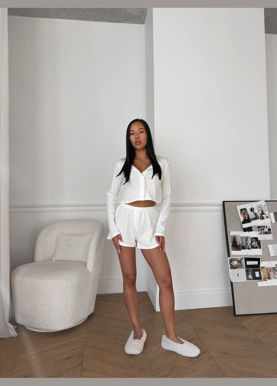 Хлопковый домашний комплект тройка (шорты+рубашка+штаны) молочного цвета 31545 No Brand (323643153)