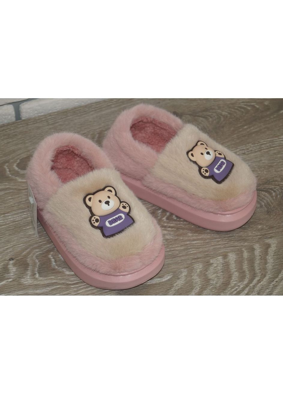 Розовые тапочки для девочки меховые с задником чуни розовые No Brand с аппликацией