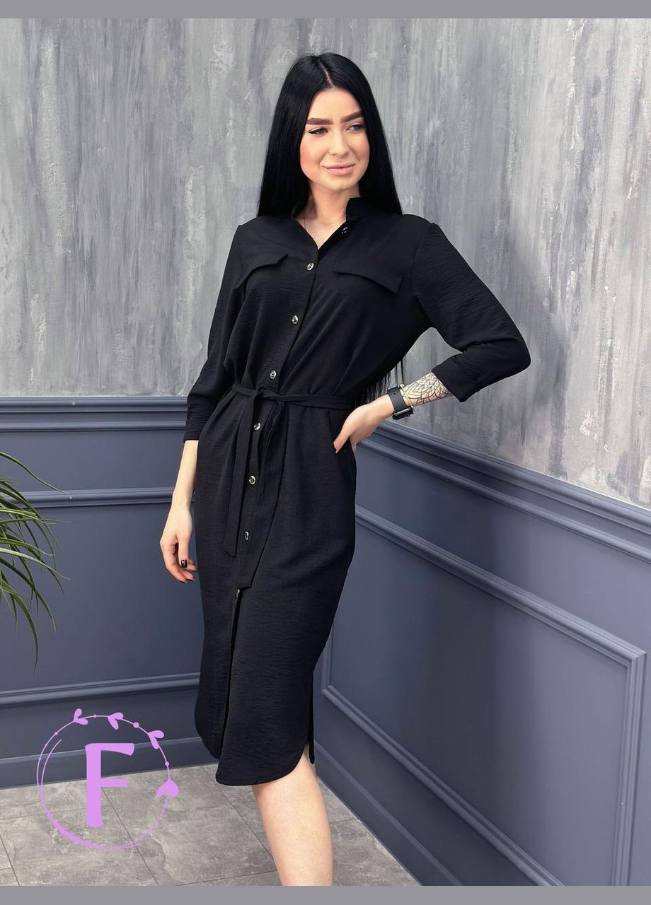 Черное длинное платье-рубашка с поясом Fashion Girl