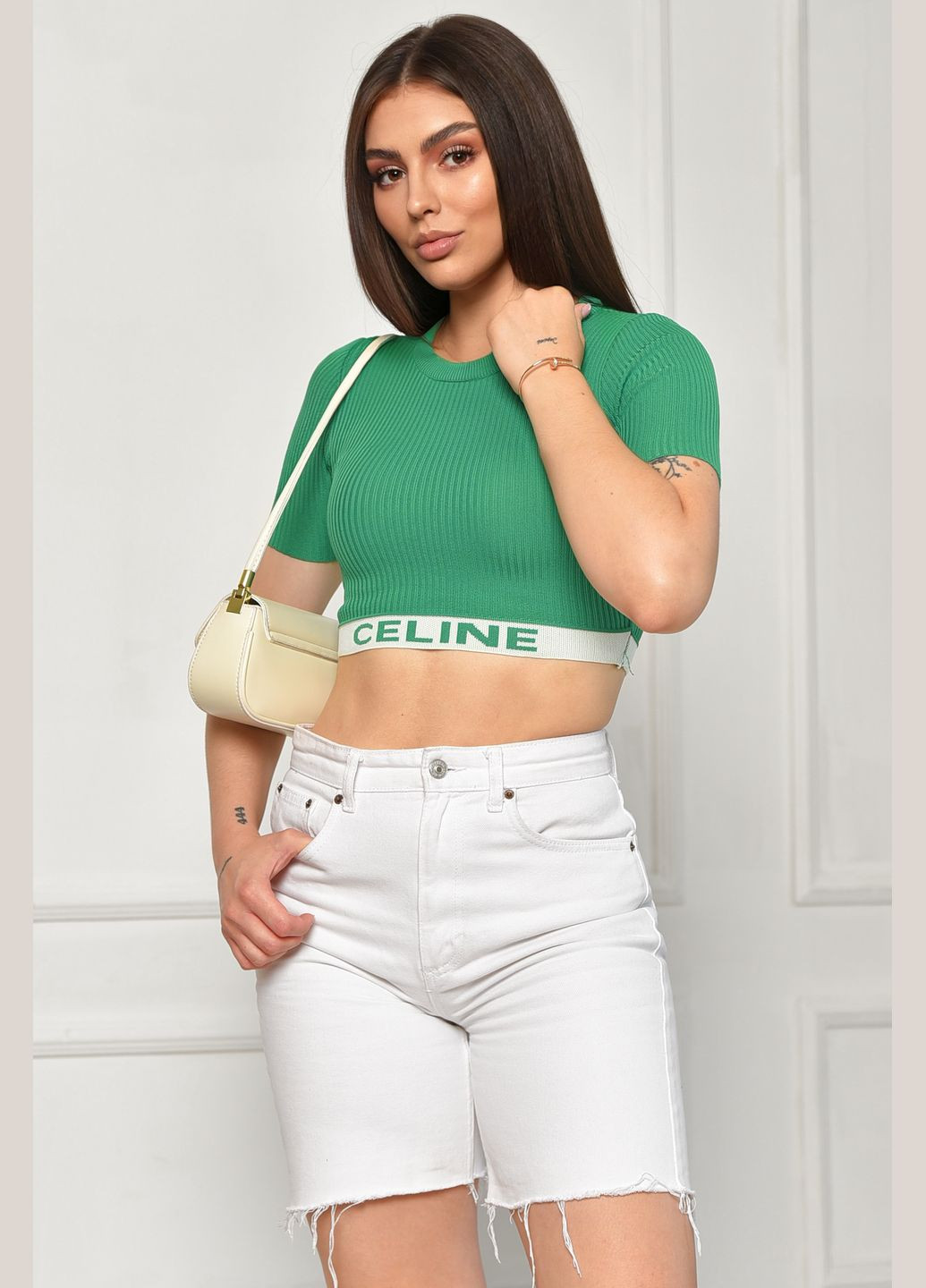 Футболка жіноча в рубчик зеленого кольору Let's Shop - (346052471)