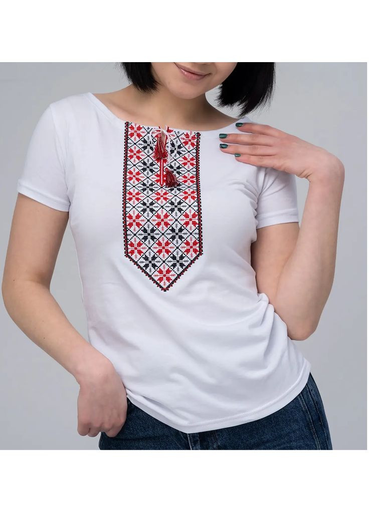 Біла вишиванка жіноча трикотажна біла з орнаментом Melanika приталена трикотаж (325488731)
