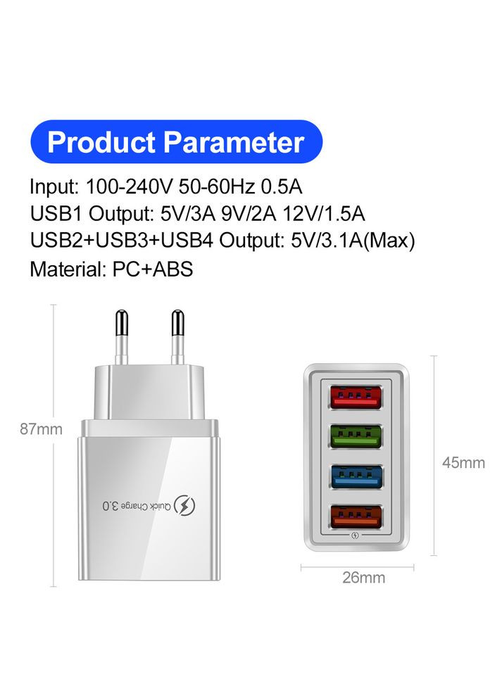 Мережевий зарядний пристрій із 4 USB-портами та підтримкою швидкого заряджання, 3.1 А Maer (342067594)