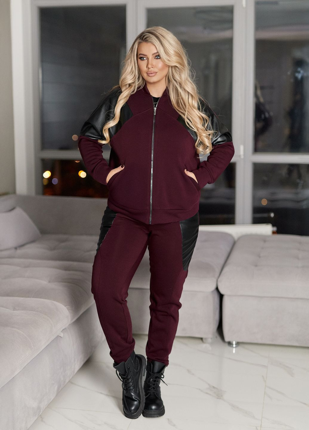 Спортивний костюм жіночий зимовий з тринитки на флісі та екошкіри (бомбер + штани) No Brand (365701193)