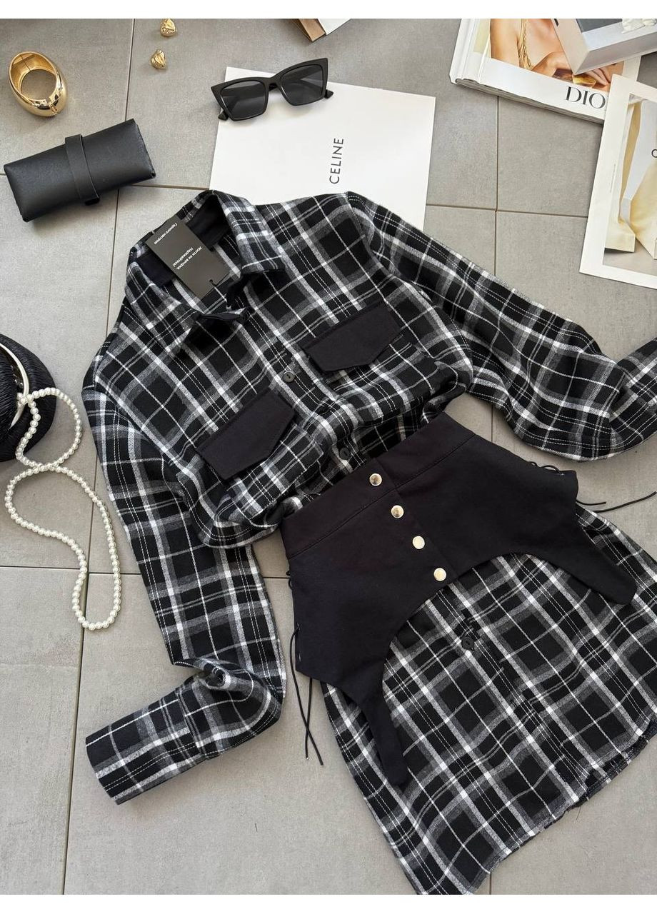 Черная повседневный рубашка в клетку DK/DL Мода без кордонів с длинным рукавом