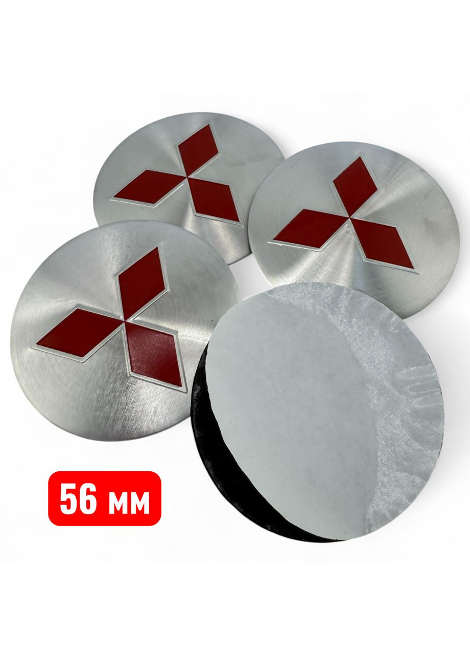 Наклейки з логотипом Міцубісі 56 мм алюмінієві Сіра з червоним логотипом 4 штуки. No Brand (364957889)