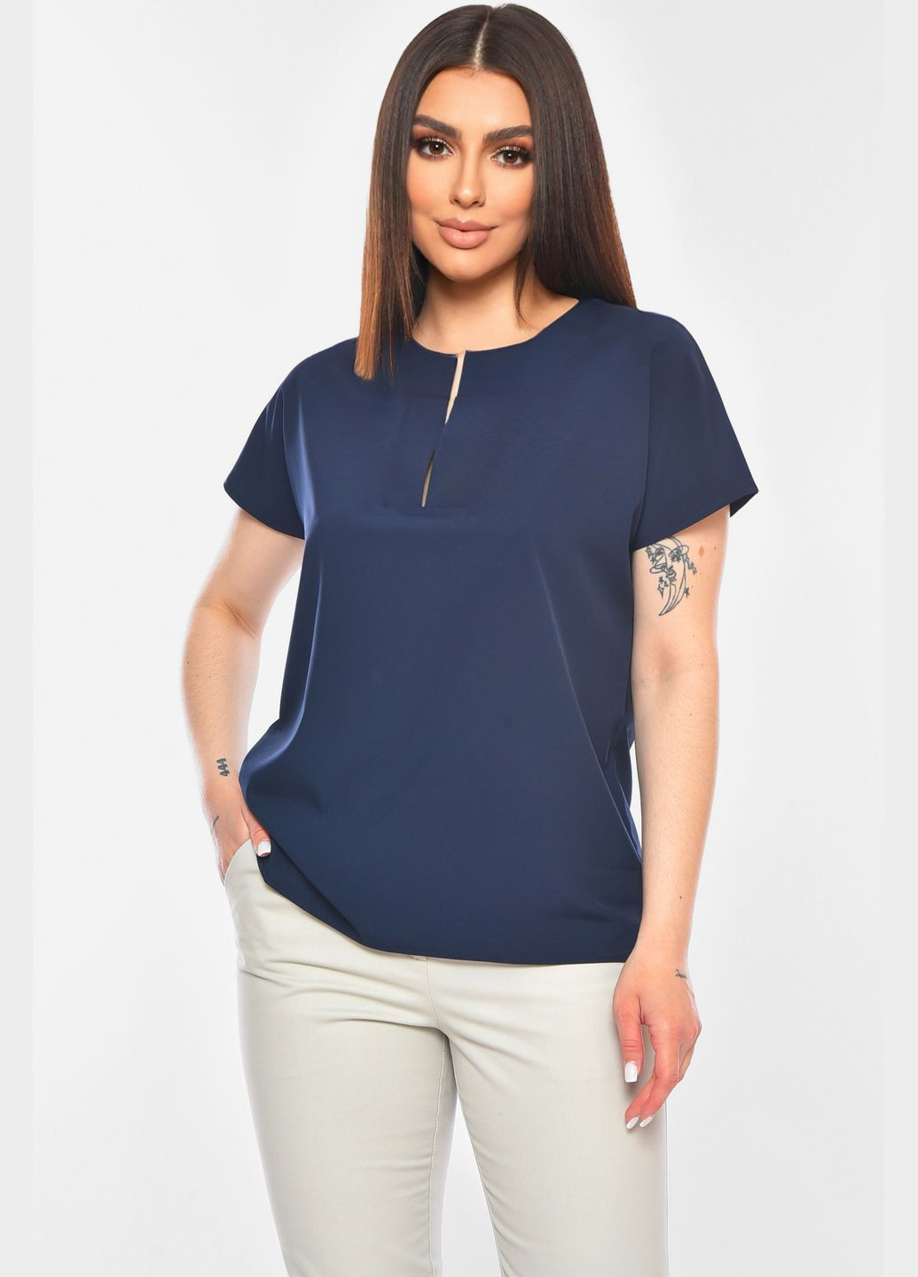 Темно-синя блуза жіноча напівбатальна темно-синього кольору з баскою Let's Shop