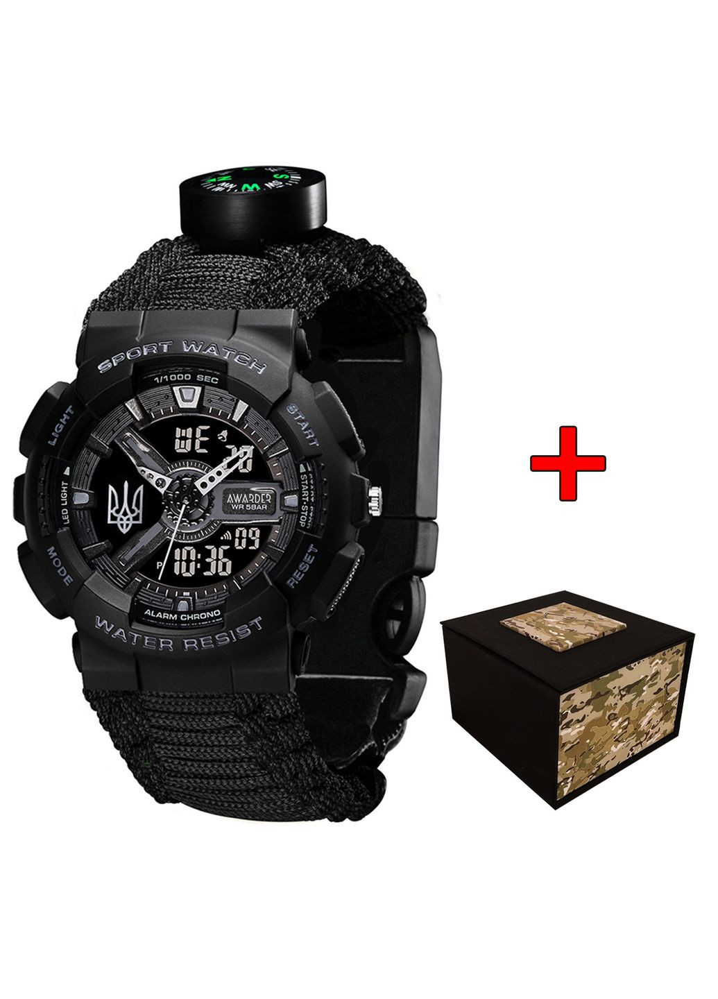 Годинник наручний 005 Тризуб срібло Black + Паракордовий ремінець Black Awarder (341676345)