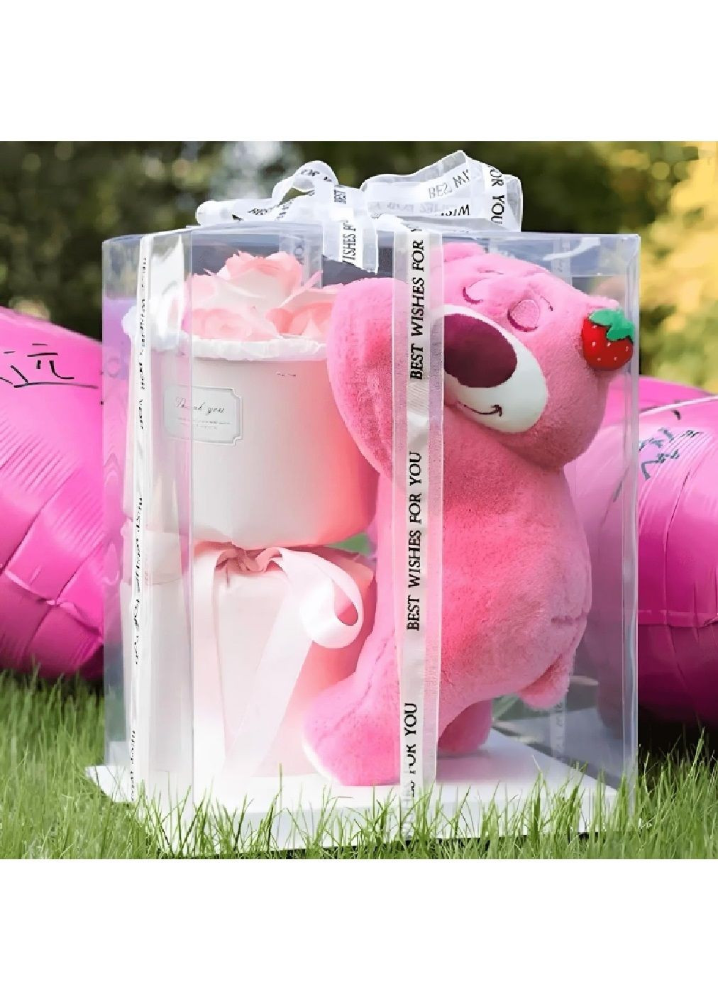 Подарочный набор игрушка мишка с букетом цветов LED-подсветкой в подарочной упаковке 27 см (479572-Prob) Unbranded (322313132)