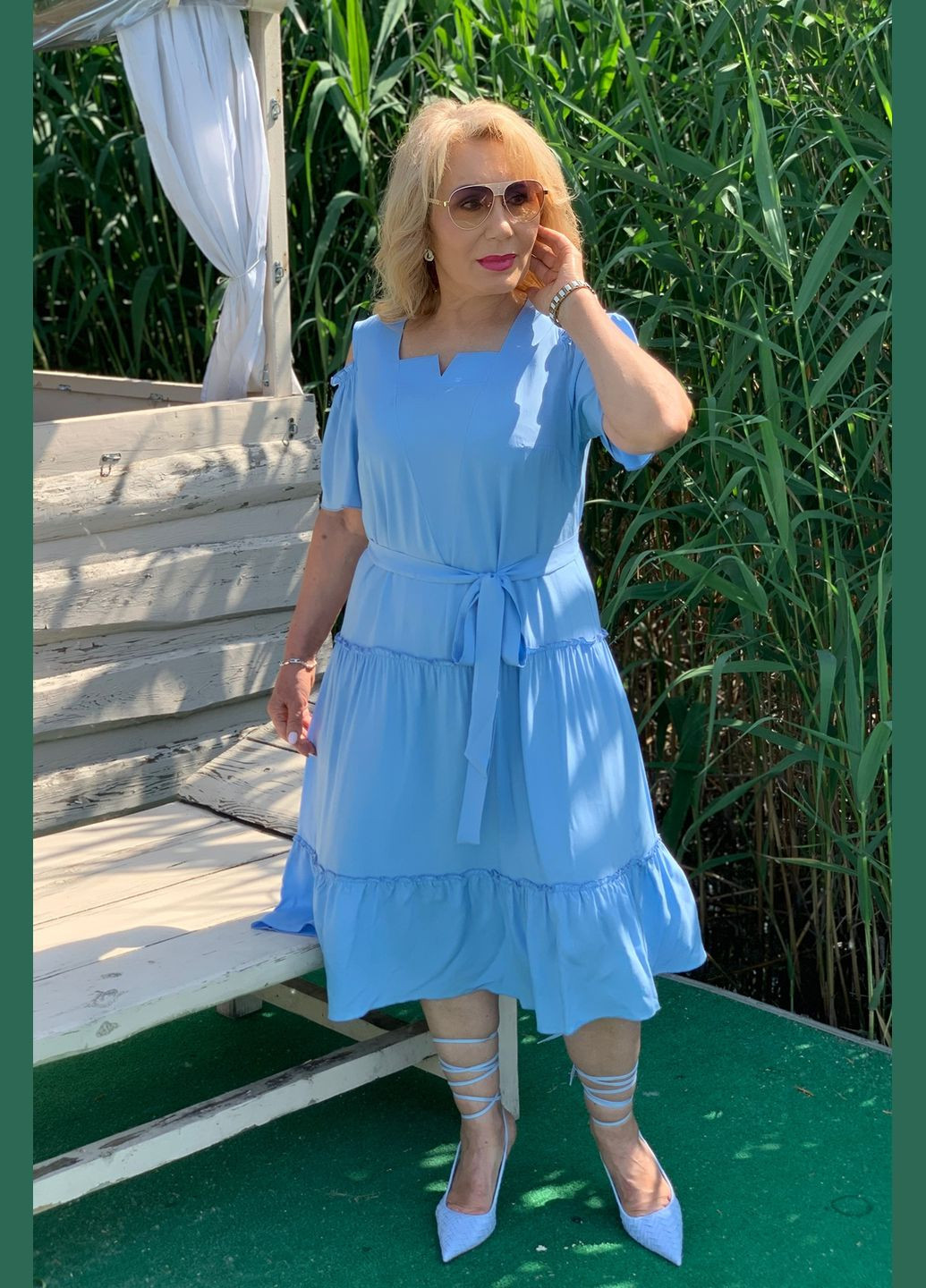 Голубое повседневный платье полуприлегающего силуэта из тонкой костюмной ткани all posa (ap100688p) A'll Posa