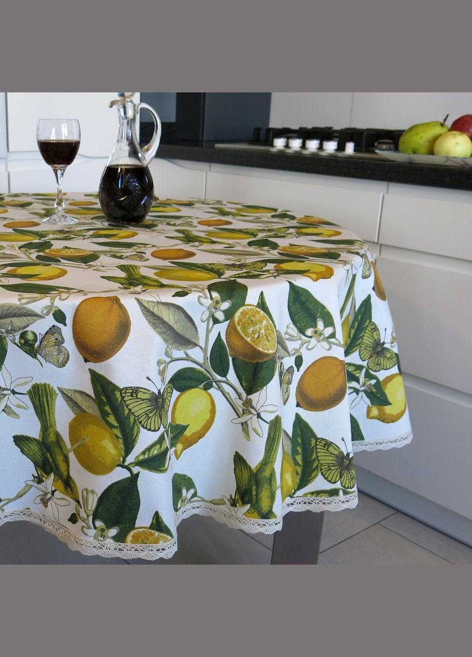 Скатерть на круглый стол водоотталкивающая хлопковая с тефлоновым покрытием "Лимоны и Бабочки" с кружевом 140 Maystat (305390433)