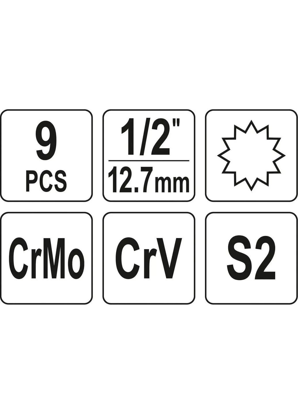 Набор профильных ударных головок НАБОР УДАРНЫХ БИТ SPLINE + ГОЛОВКА 1/2", 9 ШТ. РАЗМЕРЫ: M4, M5, M6, M8, M9, M YATO (354337365)