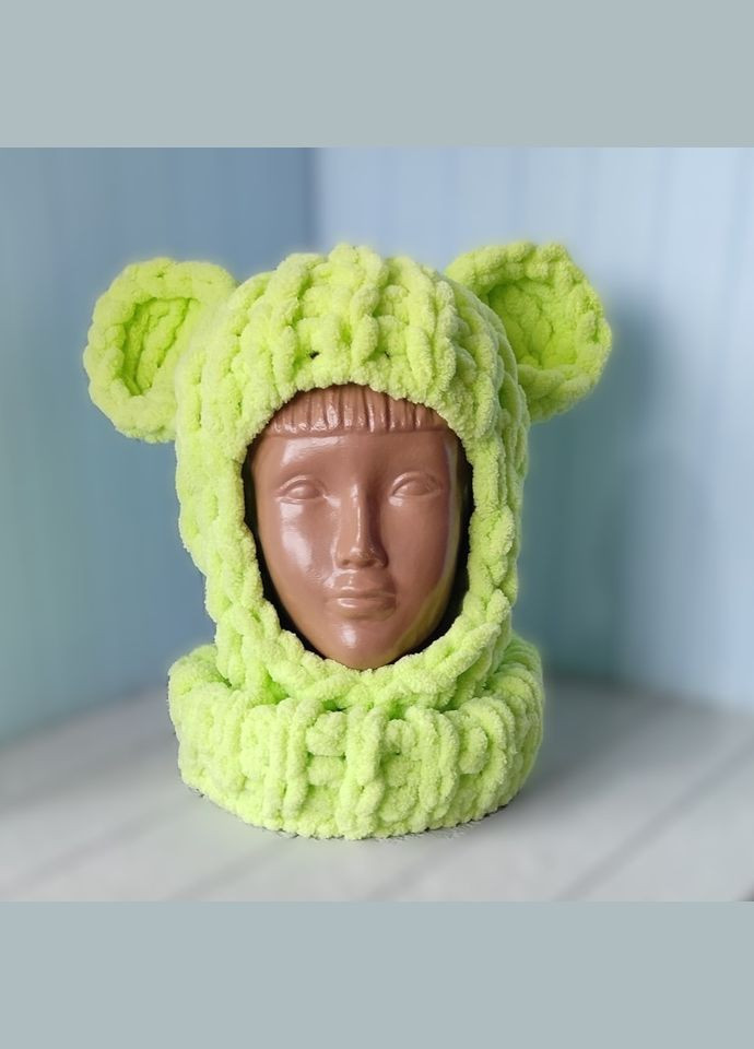 Handmade балаклава колір 41 плюшева з вушками ведмедик puffy салатовий поліестер виробництво - Україна