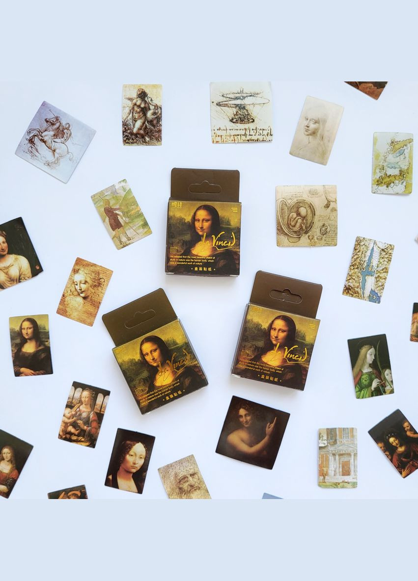 Набор декоративных наклеек для творчества в коробке 46 шт Box Stickers DIY 4x4 см искусство картины Леонардо No Brand (322872682)