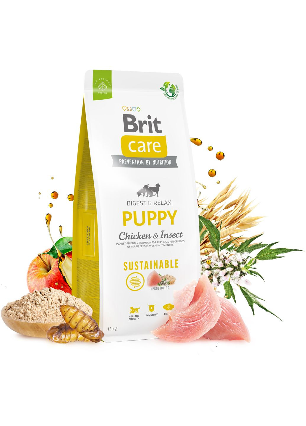 Корм для щенков Dog Sustainable Puppy с курицей и насекомыми 12 кг (8595602558629) Brit Care (364787750)