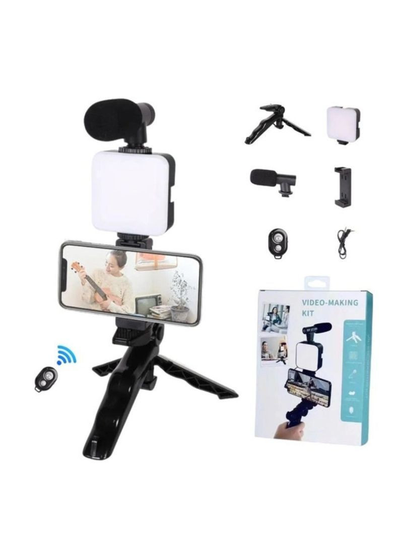 Набір блогера 4в1, тринога для телефону з мікрофоном та спалахом No Brand (362680635)