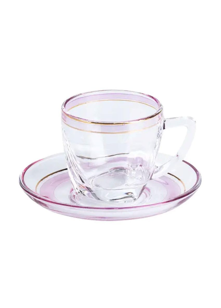 Чашки зі блюдцем скляні прозорі набір на 6 осіб Розовий HP571 TS Kitchen (351431952)