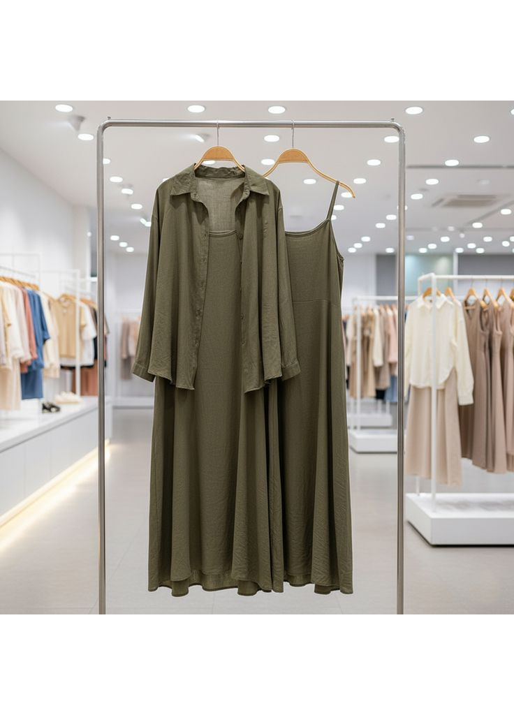 Зелена кежуал жіночий літній костюм-двійка (сукня+сорочка) number nine коричневий а-силует PRL Jeans CO